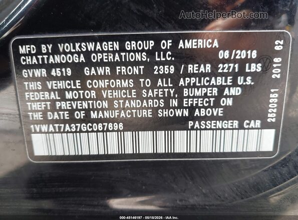 1VWAT7A37GC067696 2016 VOLKSWAGEN PASSAT Черный Вид подкапотного пространства