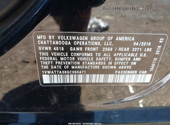 1VWAT7A38GC050471 2016 VOLKSWAGEN PASSAT Black Շարժիչի բաժամունքի տեսք