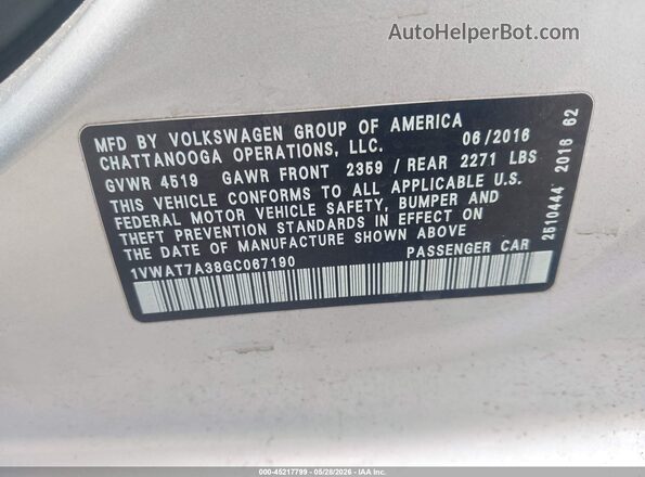 1VWAT7A38GC067190 2016 VOLKSWAGEN PASSAT Silver Engine compartment view