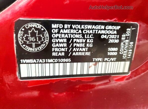 1VWBA7A31MC010965 2021 VOLKSWAGEN PASSAT Красный 