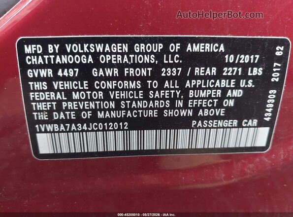 1VWBA7A34JC012012 2018 VOLKSWAGEN PASSAT Red Engine compartment view