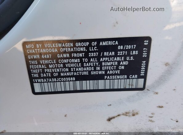 1VWBA7A38JC003569 2018 VOLKSWAGEN PASSAT White Շարժիչի բաժամունքի տեսք