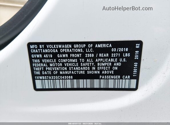 1VWBS7A32GC043068 2016 VOLKSWAGEN PASSAT White Շարժիչի բաժամունքի տեսք