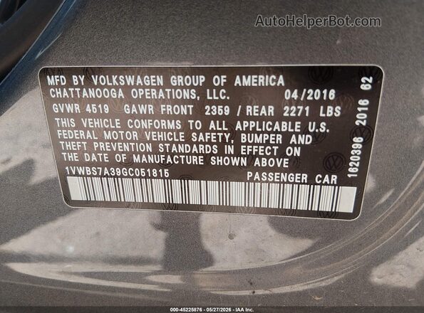 1VWBS7A39GC051815 2016 VOLKSWAGEN PASSAT Gray ძრავის განყოფილების ხედი