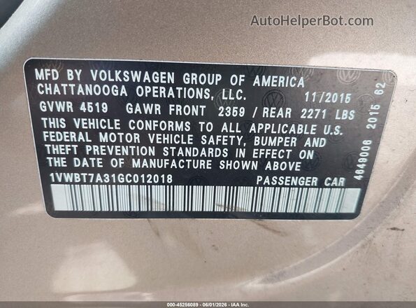 1VWBT7A31GC012018 2016 VOLKSWAGEN PASSAT Gold Engine compartment view