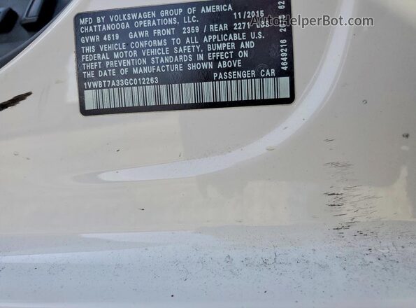 1VWBT7A33GC012263 2016 VOLKSWAGEN PASSAT White 