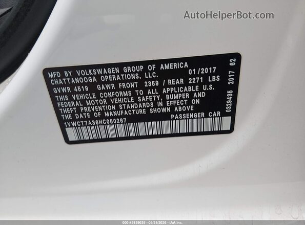 1VWCT7A36HC050267 2017 VOLKSWAGEN PASSAT White Շարժիչի բաժամունքի տեսք