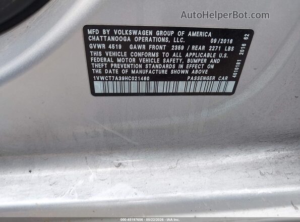 1VWCT7A39HC021460 2017 VOLKSWAGEN PASSAT Silver Вид підкапотного простору