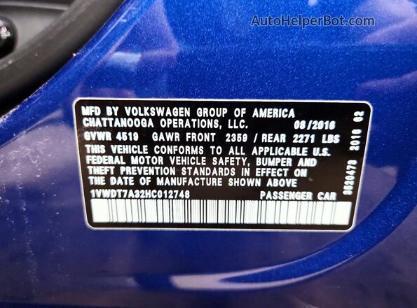 1VWDT7A32HC012748 2017 VOLKSWAGEN PASSAT Blue 
