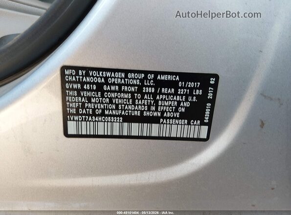 1VWDT7A34HC053222 2017 VOLKSWAGEN PASSAT Silver Вид підкапотного простору