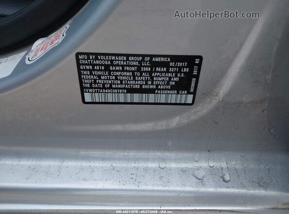 1VWDT7A34HC057870 2017 VOLKSWAGEN PASSAT Silver Engine compartment view