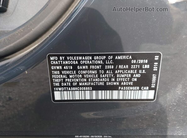 1VWDT7A38HC005853 2017 VOLKSWAGEN PASSAT Gray Вид підкапотного простору
