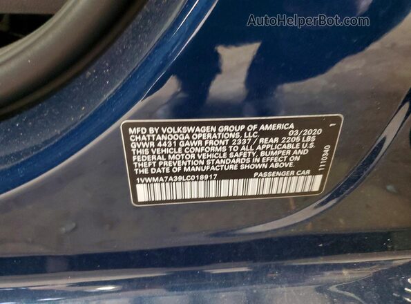 1VWMA7A39LC018917 2020 VOLKSWAGEN PASSAT Blue VIN კოდის სტიკერის ხედი