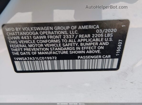 1VWSA7A31LC019972 2020 VOLKSWAGEN PASSAT White Widok komory silnika