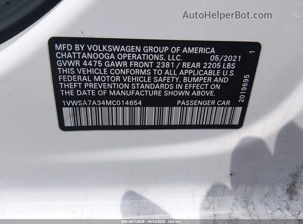 1VWSA7A34MC014654 2021 VOLKSWAGEN PASSAT White Engine compartment view