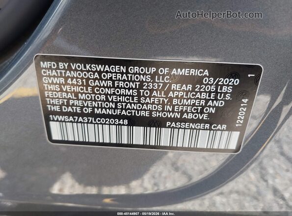 1VWSA7A37LC020348 2020 VOLKSWAGEN PASSAT Gray Вид підкапотного простору