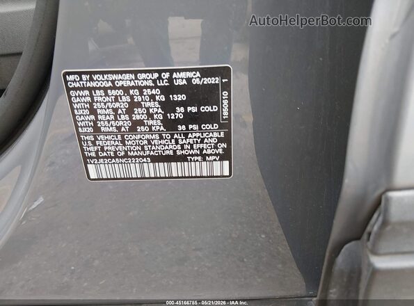 1v2je2ca5nc222043 2022 VOLKSWAGEN ATLAS Gray Вид підкапотного простору