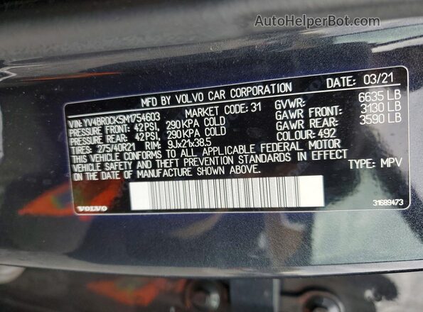 YV4BR0CK5M1754603 2021 VOLVO XC90 Gray 