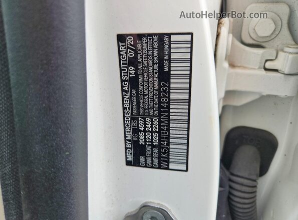 W1K5J4HB4MN148232 2021 MERCEDES-BENZ CLA-CLASS White Widok naklejki z numerem VIN
