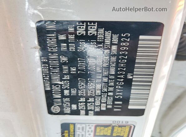 5XYPG4A32HG239825 2017 KIA SORENTO White 