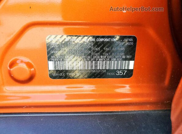 JA4APUAU1MU001708 2021 MITSUBISHI OUTLANDER Orange 