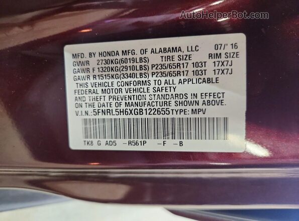 5FNRL5H6XGB122655 2016 HONDA ODYSSEY Burgundy 