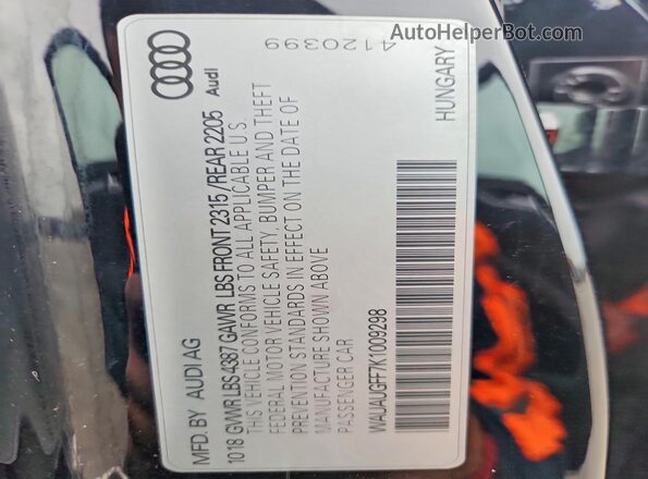 WAUAUGFF7K1009298 2019 AUDI A3 Black Вид наклейки з VIN-кодом