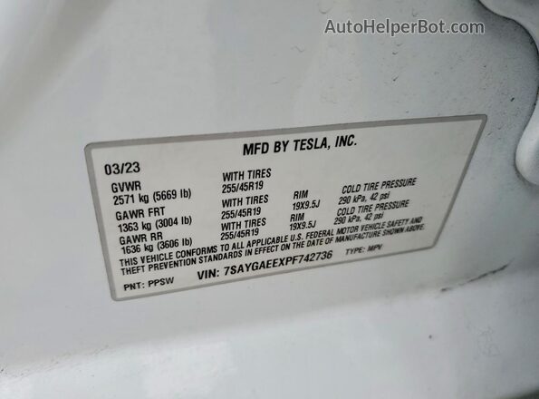 7SAYGAEEXPF742736 2023 TESLA MODEL White 360 interior view