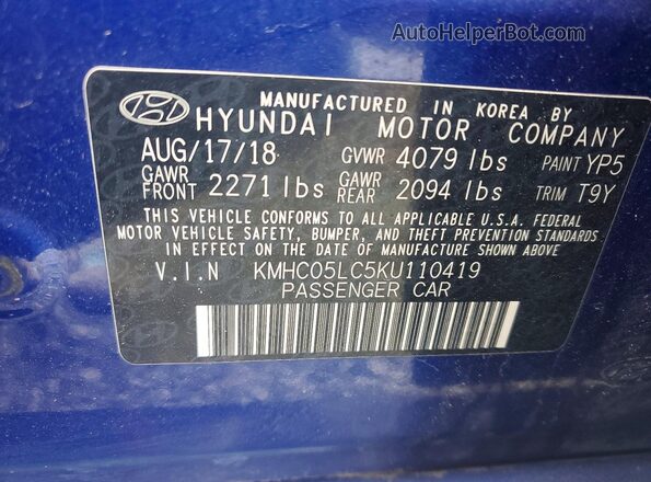 KMHC05LC5KU110419 2019 HYUNDAI IONIQ Blue Vista de la etiqueta del VIN