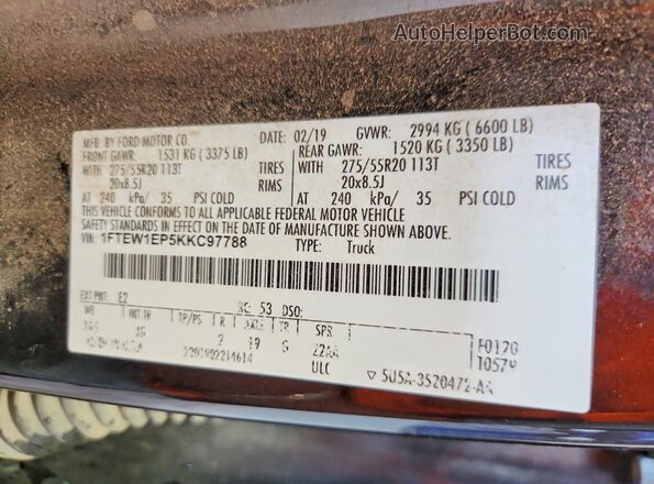 1FTEW1EP5KKC97788 2019 FORD F150 Burgundy 