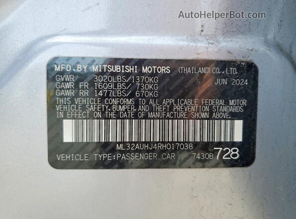 ML32AUHJ4RH017038 2024 MITSUBISHI MIRAGE Silver Widok naklejki z numerem VIN