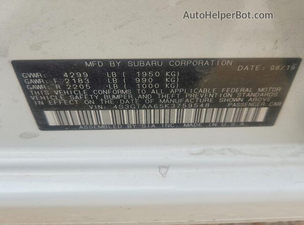 4S3GTAA65K3759548 2019 SUBARU IMPREZA White 360 interior view