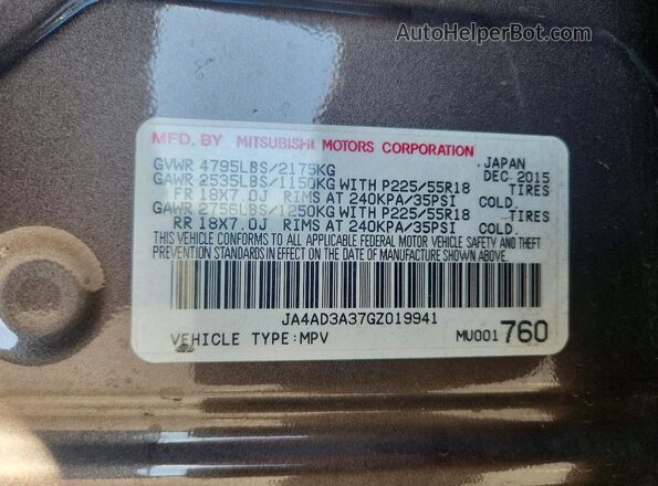 JA4AD3A37GZ019941 2016 MITSUBISHI OUTLANDER Gray 
