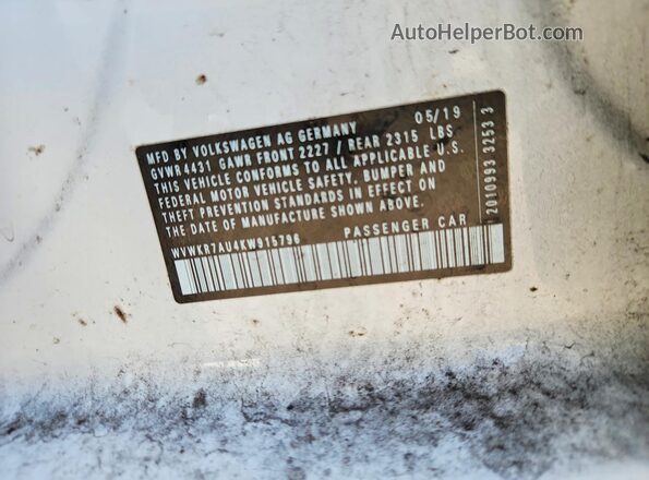WVWKR7AU4KW915796 2019 VOLKSWAGEN GOLF White 
