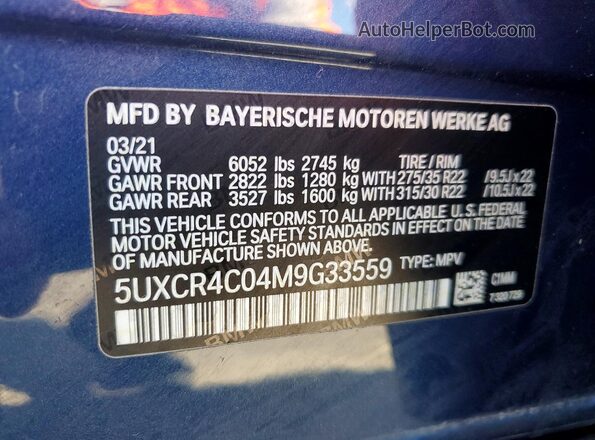 5UXCR4C04M9G33559 2021 BMW X5 Blue 
