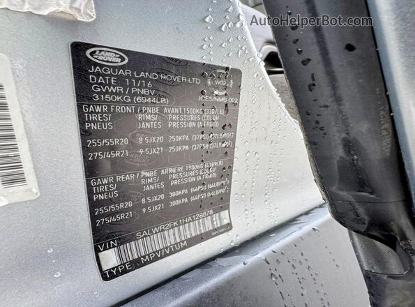 SALWR2FK1HA128878 2017 LAND ROVER RANGE ROVER Silver Widok wnętrza 360 stopni