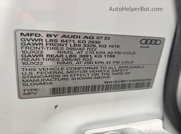 WA1EVBF1XND033763 2022 AUDI Q8 White Панорамний вид салону 360°