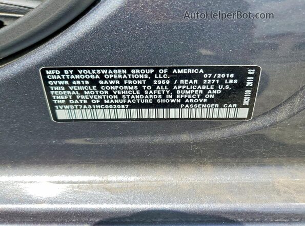 1VWBT7A31HC002087 2017 VOLKSWAGEN PASSAT Gray Widok wnętrza 360 stopni