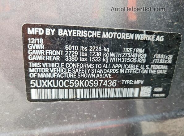 5UXKU0C59K0S97436 2019 BMW X6 Gray Вид наклейки з VIN-кодом