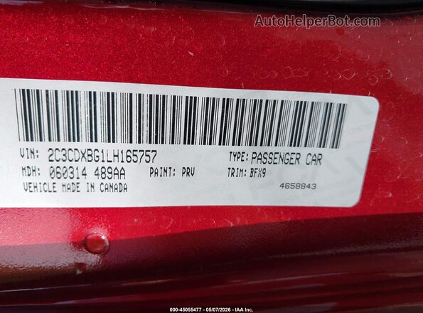 2C3CDXBG1LH165757 2020 DODGE CHARGER Maroon Vista del compartimento del motor