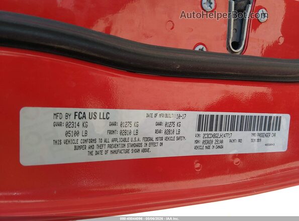 2C3CDXBG2JH147717 2018 DODGE CHARGER Red Engine compartment view