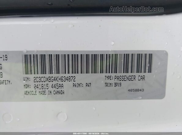 2C3CDXBG4KH634872 2019 DODGE CHARGER White Շարժիչի բաժամունքի տեսք
