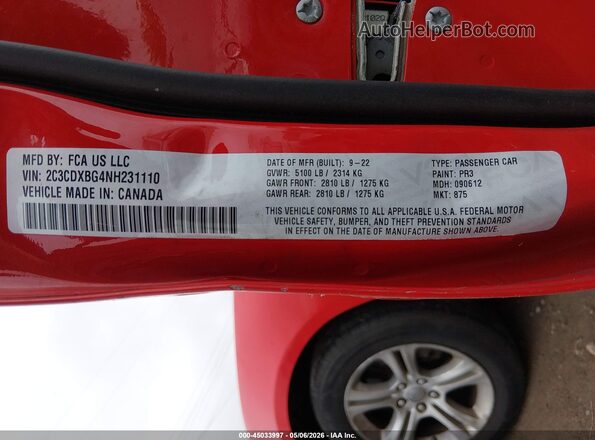 2C3CDXBG4NH231110 2022 DODGE CHARGER Red Vista del compartimento del motor