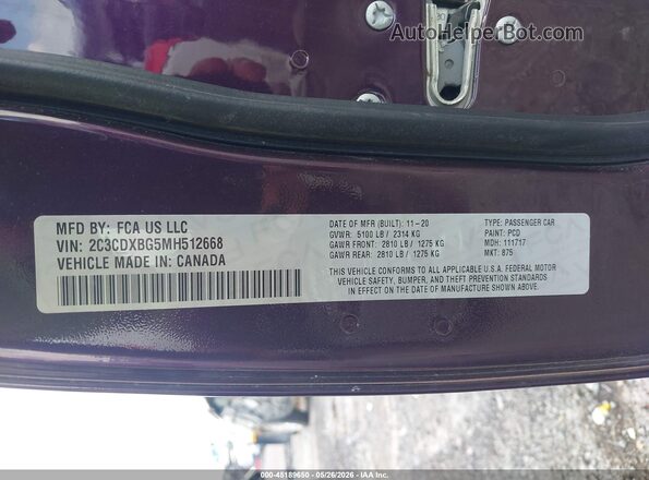 2C3CDXBG5MH512668 2021 DODGE CHARGER Purple Vista del compartimento del motor