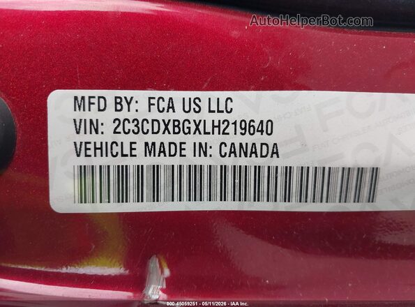 2C3CDXBGXLH219640 2020 DODGE CHARGER Red Вид підкапотного простору