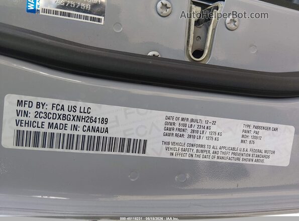 2C3CDXBGXNH264189 2022 DODGE CHARGER Gray Vista del compartimento del motor