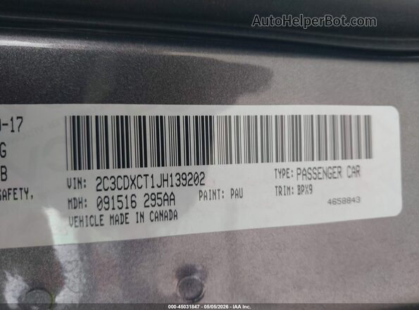 2C3CDXCT1JH139202 2018 DODGE CHARGER Gray 