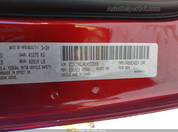 2C3CDXGJ4LH153249 2020 DODGE CHARGER Бордовый Вид подкапотного пространства