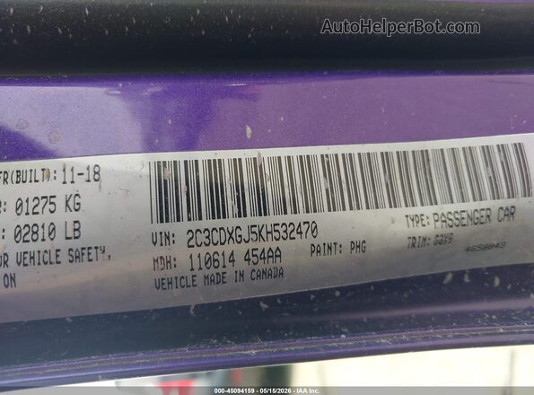 2C3CDXGJ5KH532470 2019 DODGE CHARGER Purple Շարժիչի բաժամունքի տեսք