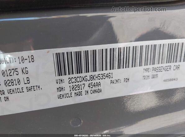 2C3CDXGJ8KH535461 2019 DODGE CHARGER Gray ძრავის განყოფილების ხედი